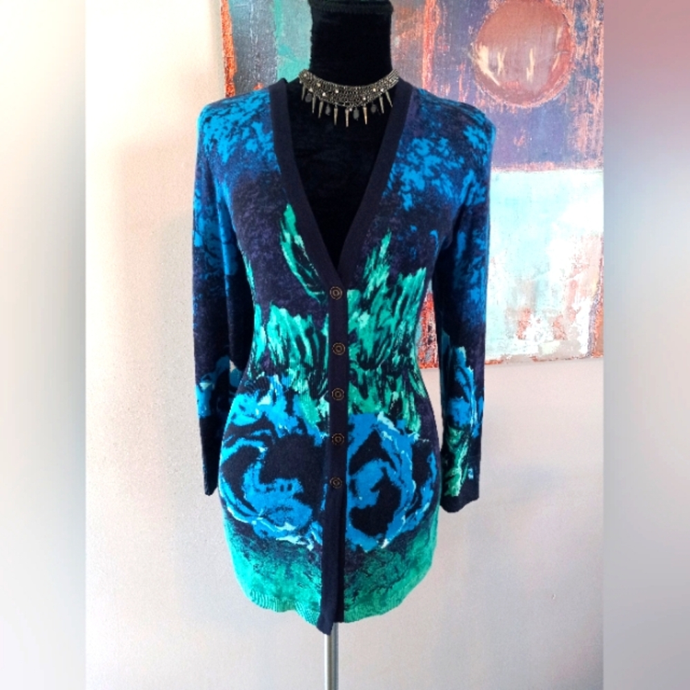 Nic + Zoe Cardigan Bold  Print Sweater Blue/ Green/ Purple Sz. L - Picture 5 of 12